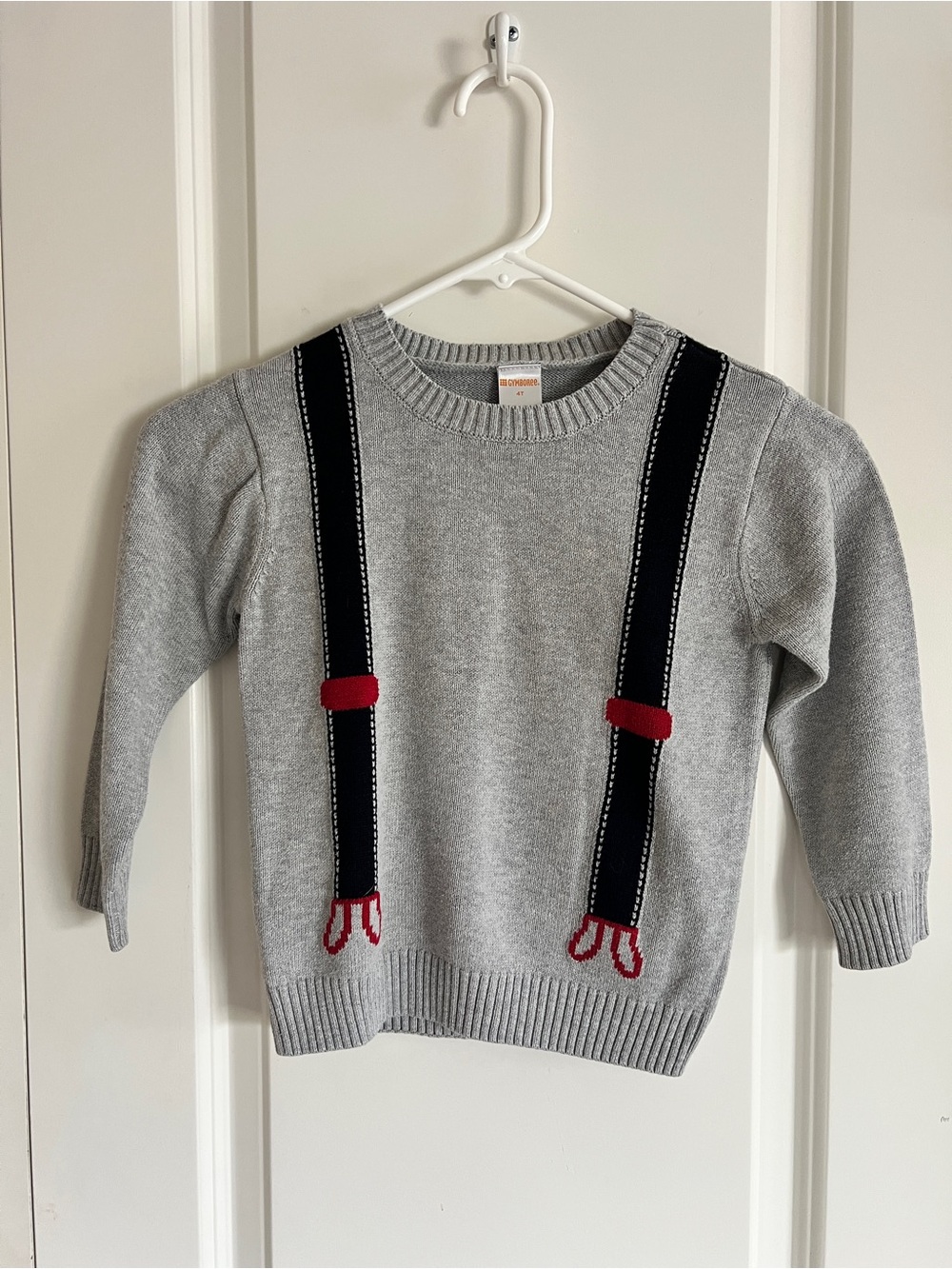 Gymboree Gray Sweater with Black Printed Suspenders and Red Tabs